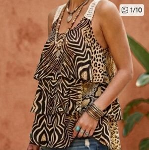 Madison Flowy Tiered Animal Print Tank Top with Crochet Straps Size M